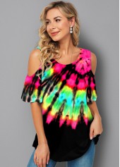 Half Sleeve Tie Dye Print Cold Shoulder T Shirt