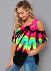 Half Sleeve Tie Dye Print Cold Shoulder T Shirt