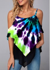Mesh Stitching Tie Dye Print Asymmetric Hem T Shirt