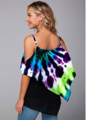 Mesh Stitching Tie Dye Print Asymmetric Hem T Shirt