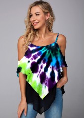 Mesh Stitching Tie Dye Print Asymmetric Hem T Shirt