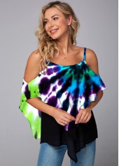 Mesh Stitching Tie Dye Print Asymmetric Hem T Shirt