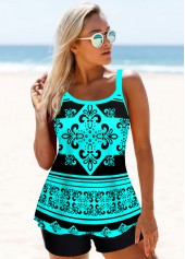 Cyan Tribal Print Wide Strap Tankini Set
