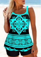 Cyan Tribal Print Wide Strap Tankini Set