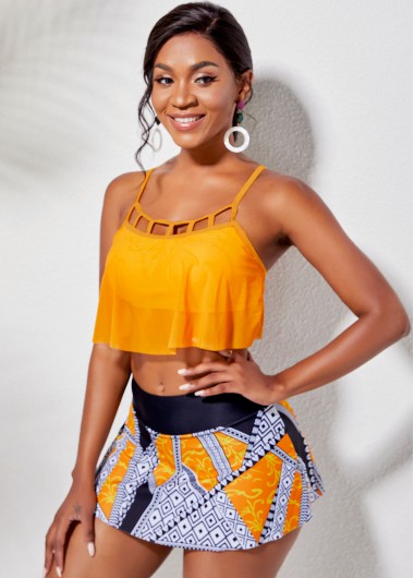 Women&apos;S Orange Two Piece High Waisted Strappy Swimsuit Yellow Floral Printed Two Piece Padded Wire Free Cage Neck Bathing Suit By Rosewe - S