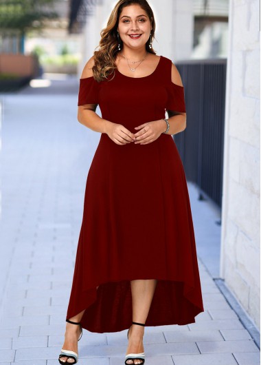 Rosewe Women Wine Red Cold Shoulder Plus Size Cocktail Party Dress Solid Color Burgundy Short Sleeve High Low Maxi Elegant Dress - 3X