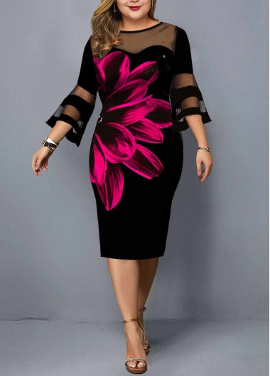 Rosewe Women Black Plus Size Floral Print Illusion Dress Flare Sleeve Sheath Knee Length Three Quarter Sleeve Elegant Cocktail Party Dress - 3X