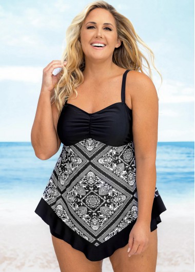 Rosewe Plus Size Asymmetric Hem Printed Swimdress and Shorts - 1X