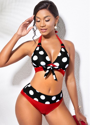 Rosewe Halter Polka Dot Bowknot Bikini Set - XL