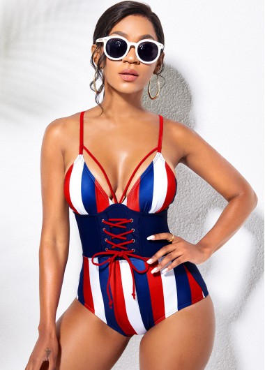 Rosewe American Flag Print Lace Up One Piece Swimwear - M