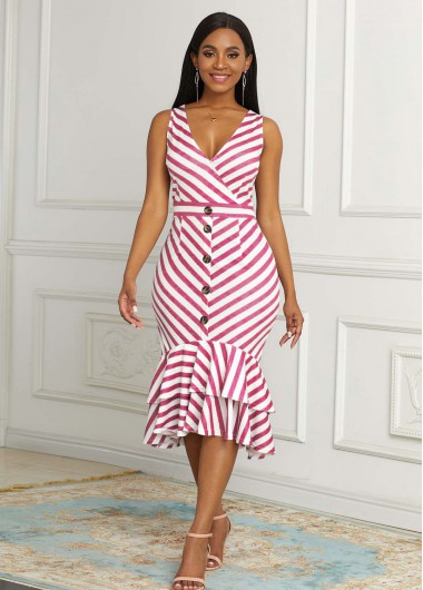 Rosewe Cocktail Party Dress Sleeveless Striped Decorative Button Mermaid Dress - XL