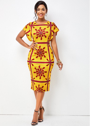 Rosewe Cocktail Party Dress Tribal Print Butterfly Sleeve Bodycon Dress - M