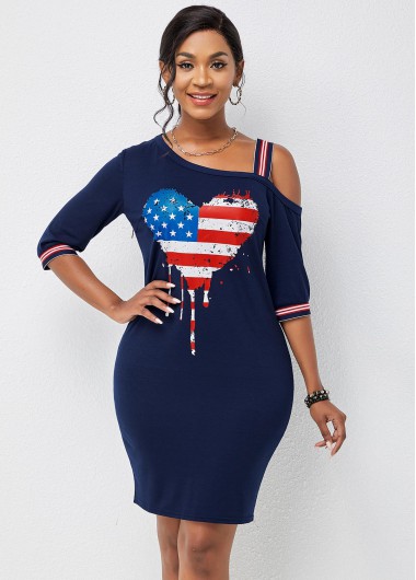 Rosewe Cocktail Party Dress Cold Shoulder American Flag Print Bodycon Dress - M