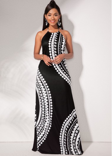 Rosewe Black Dresses Halter Side Slit Tribal Print Dress - L