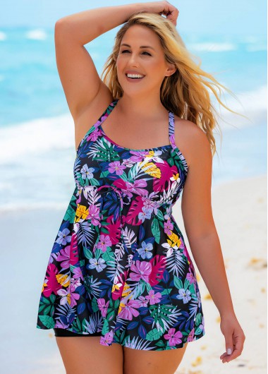 Rosewe Criss Cross Back Plus Size Floral Print Swimdress and Shorts - 3X