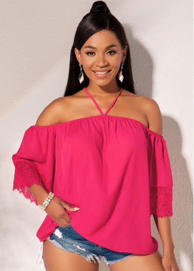 Rosewe Off Shoulder Lace Cuff Criss Cross Back Blouse - S