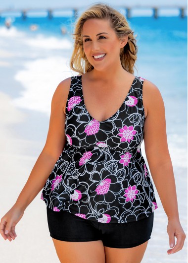 Rosewe Wide Strap Plus Size Floral Print Tankini Set - 1X