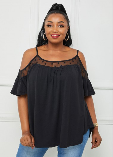 Rosewe Lace Stitching Plus Size Cold Shoulder T Shirt - 3X