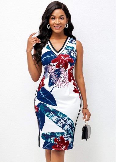 Rosewe Cocktail Party Dress Sleeveless Plant Print V Neck Bodycon Dress - M