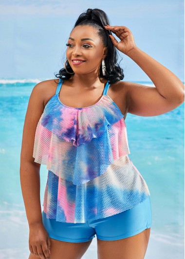 Rosewe Layered Hem Plus Size Spaghetti Strap Tankini Set - 3X
