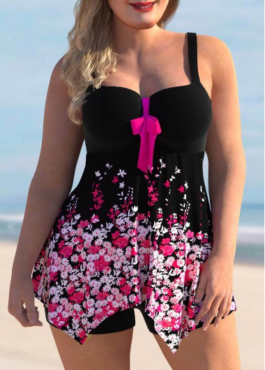 Rosewe Floral Print Bowknot Plus Size Swimdress and Panty - 2X