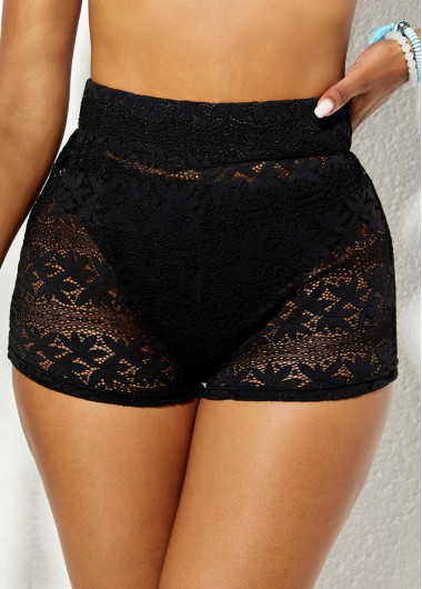 Rosewe Lace Stitching High Waisted Black Swim Shorts - XL