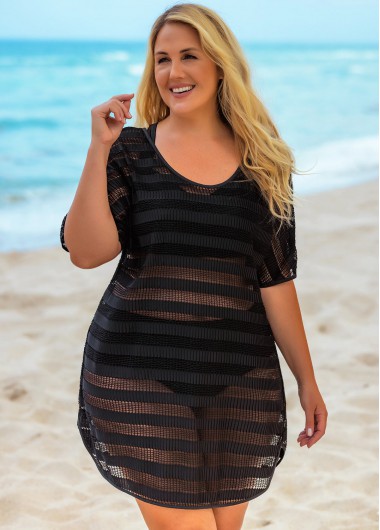 Rosewe Tie Back Lace Stitching Round Neck Cover Up - 3X