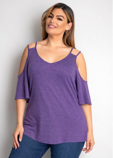 Rosewe Solid Plus Size Cold Shoulder T Shirt - 3X