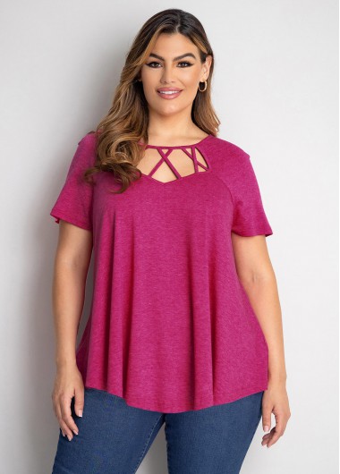 Rosewe Short Sleeve Plus Size Cross Strap T Shirt - 3X