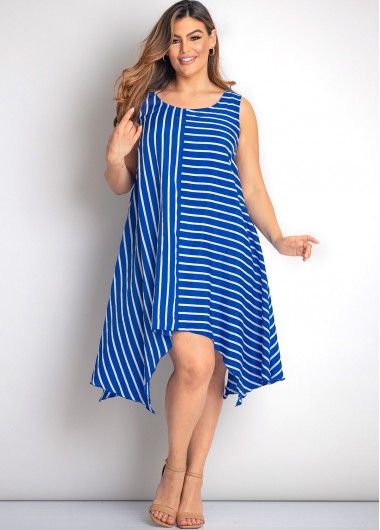 Rosewe Asymmetric Hem Plus Size Striped Dress - 3X