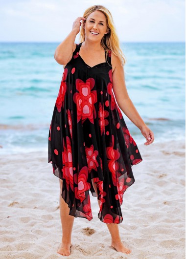 Rosewe Asymmetric Hem Plus Size Printed Chiffon Cover Up - 2X