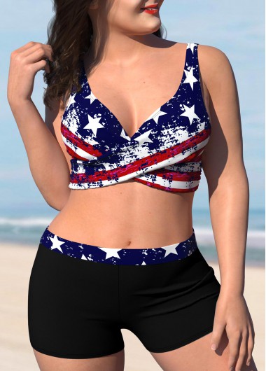 Rosewe American Flag Print Plus Size Bikini Set - 1X