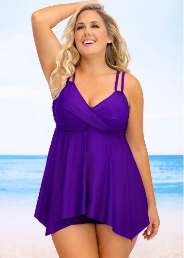 Rosewe Cross Front Plus Size Asymmetric Hem Swimdress and Shorts - 1X