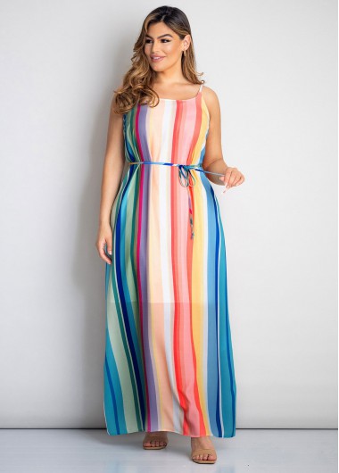 Rosewe Spaghetti Strap Plus Size Rainbow Stripe Dress - 2X