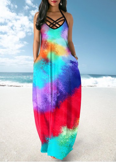 Rosewe Cocktail Party Dress Multicolor Tie Dye Print Cross Strap Maxi Dress - M