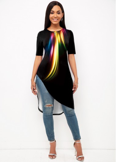 Rosewe Short Sleeve Asymmetric Hem Colorful T Shirt - XXL