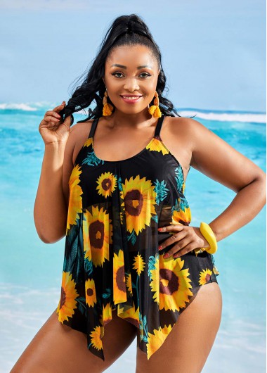 Rosewe Sunflower Print Plus Size Asymmetric Hem Tankini Set - 3X