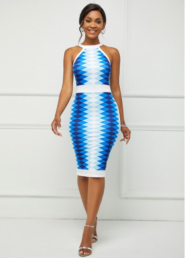 Rosewe Cocktail Party Dress Sleeveless Ombre Geometric Print Bodycon Dress - M