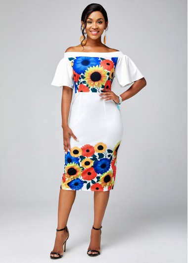 Rosewe White Dresses Floral Print Ruffle Sleeve Off Shoulder Dress - M