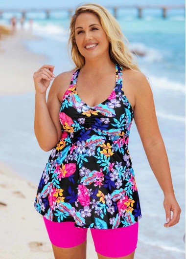 Rosewe Floral Print Plus Size Cross Strap Tankini Set - M