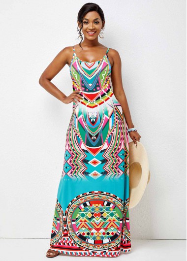 Rosewe Cocktail Party Dress High Waist Tribal Print Spaghetti Strap Dress - M