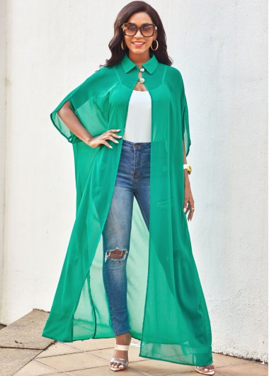 Rosewe Three Quarters Sleeve Solid Turndown Collar Blouse - L