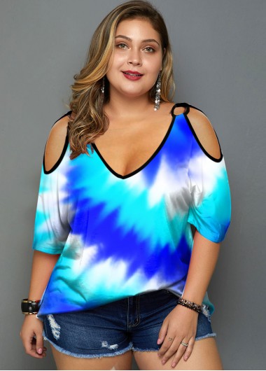Rosewe Cold Shoulder Plus Size Tie Dye Print T Shirt - 1X