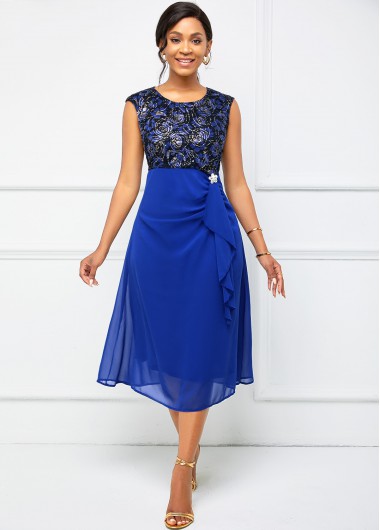 Women&apos;S Royal Blue Chiffon Cocktail Party Dress High Waisted Sleeveless Lace Midi Tea Length Rhinestone Embellished Dress By Rosewe - L