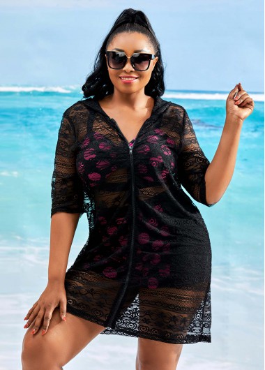 Rosewe 3/4 Sleeve Plus Size Solid Lace Cover Up - XL