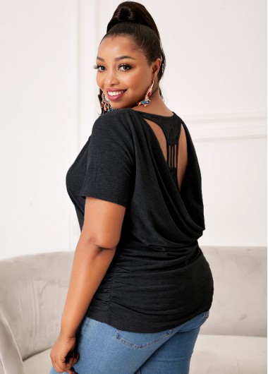 Rosewe Pierced Plus Size Lace Stitching T Shirt - 3X