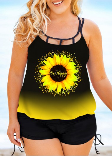 Rosewe Ombre Plus Size Sunflower Print Tankini Set - 1X