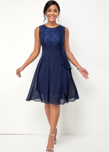 Rosewe Skater Dresses Lace Stitching Navy Blue Chiffon Dress - S