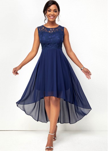 Rosewe Cocktail Party Dress Lace Stitching Sleeveless Chiffon High Low Dress - 2XL
