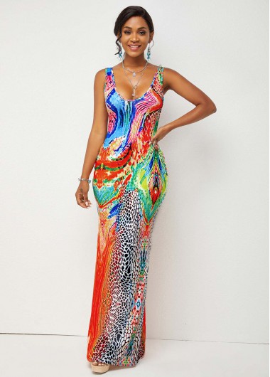 Rosewe Cocktail Party Dress High Waist Wide Strap Printed Dress - 2XL